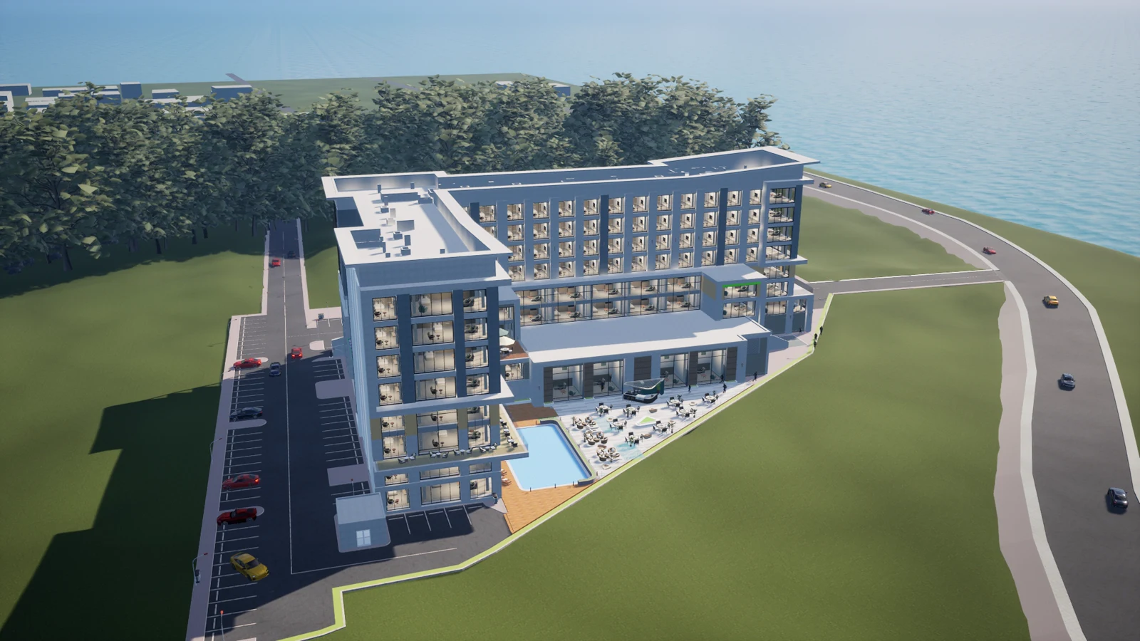 MagViz's FiveStar example project, showing a furnished waterfront building, pool and landscaped site