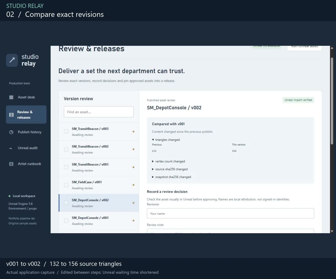 Studio Relay production workflow showcase with revision review and pinned deliveries